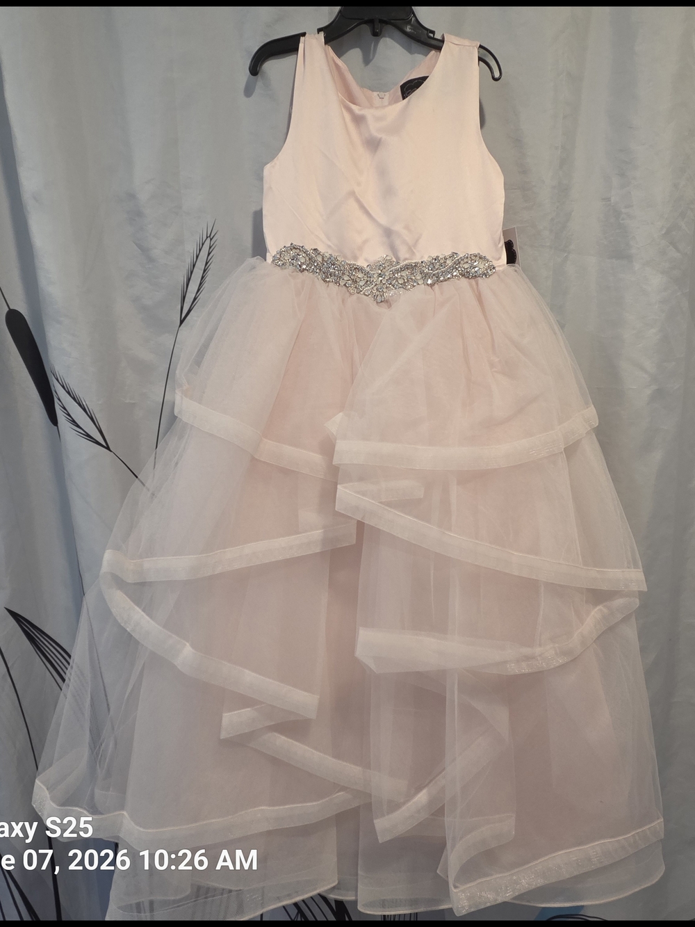 Girls' Light Pink Tulle Formal Dress with Jeweled Waist